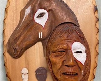 Native American Wood Carving w/ Horse & Three Arrowheads (approximately 14”x8”)