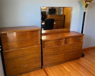 Mid Century Modern MCM MC Dresser & Matching Chest of Drawers (from left) ~32” wide • 18” deep • ~43” tall ; ~50” wide • 18” deep • ~32.5” tall ; mirror approximately 38” x 29.5”