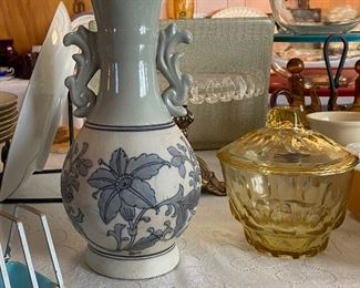 Vintage Celedon Vase Gardenheir • Yellow Thumbprint Covered Candy Dish 