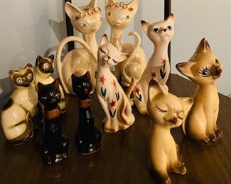 Mid Century 7” Porcelain Cat Figures w/ Jewel Rhinestone Eyes (Back row) • Vintage Porcelain Kitty Cat Salt & Pepper Shakers 