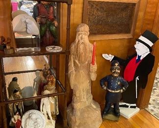 Wooden “Bringing Up Father” approximately 35” • Painted Wood Police Officer / Chief approximately 24” • Chalkware Rabbi • Chalkware King Jesus • David • Vintage Hand Carved Drunk Man on Barrel Wine Concealer • Hand Carved Wooden OOAK (One of A Kind) Approximate 38” Santa Claus Candle Holder 
