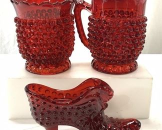 Lot 3 FENTON Ruby Red Hobnail Glass Table Ware
