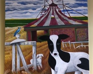 Roco Urbisci American Film & TV Writer/Director.            Max & David Original Oil Series.                                                   Cow In Front of Circus Tent.  34" x 34".         $1,500