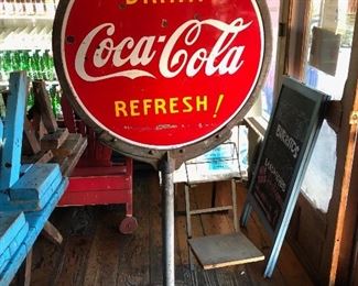 Very Rare 1930's Coca Cola Two-Sided Lollipop Sign Dimensions: 62" H x 30" W.     $2200