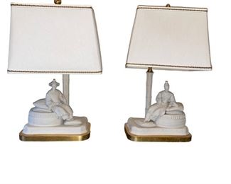 $1180     Pair of White Asian Figural Table Lamps Marbro Style HH149-13        Description:  Beautifully detailed unglazed white bisque figure mounted as a table lamp by Marbro.  Representing two Chinese dignitaries.  Beautiful set of clean white Asian figures resting atop a clean gold leaf base topped with a white and gold box shade held up with a carved "bamboo" column. A 
Condition: Very good condition.  Needs tightening.
Dimensions: 20"H.  Base=10 x 6  Shade=11 x 6 x 8"H
Local pick up Potomac, MD.  Contact us for shipper suggestions.     https://goodbyhello.com/products/pair-japanese-figurine-table-lamps-sf142-13?_pos=10&_sid=aba3f38a9&_ss=r