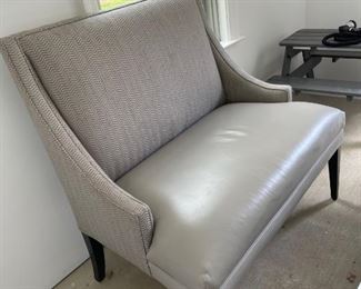 $1300 - Grey/Ivory Leather Herringbone Wool Upholstery Lounge Chair GM38-10588                                             Upgrade any living room, den, or home office with this modern armchair. This chair has clean, modern lines, with a square back and arms and tapered black  legs. This accent chair completes the look in any space, traditional or contemporary.

DETAILS + DIMENSIONS: 42w x 19s x 25d x 40h

CONDITION: This piece is in very good condition.  Please refer to photo's for a more detailed look at condition. We make every attempt to list and photograph any defects or signs of wear that are significant to this sale.

LOCAL PICK UP Germantown, MD.  Contact us for shipper suggestions.