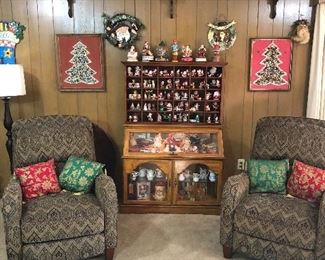 Pair of Recliners, Vintage Console Display Cabinet with Vintage Toys, Wall Display Cabinet filled with Santas