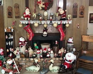 Antique & Vintage Crocks & Pottery, Antique Oak Arm Chair, Toddler Rocker,  as well as many Santas and his helpers...