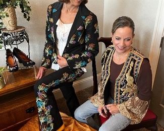 Ann and Debbie having fun styling vintage finds!  Notice Ann’s bright yellow shoes!
