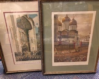2 rare Imperial Russian chromolithographs from a Russian Imperial book, 1883 of the Coronation of the Tzar “ Leurs Majestes A L Entree De La Cathedrale De L Assumption. 
200 copies were printed in French and 300 copies were printed in Russian. 