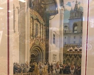 1 of 2 rare Russian chromolithographs from a Russian Imperial book 1883 of the Coronation of the Tzar “ Leurs Majestes A L Entree De La Cathedrale De L Assumption. 200 copies were printed in French and 300 copies were printed in Russian