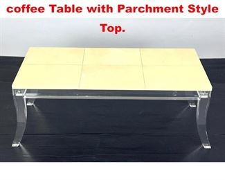 Lot 10 Decorator Lucite Base coffee Table with Parchment Style Top. 