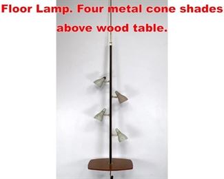 Lot 13 Modernist Tension style Floor Lamp. Four metal cone shades above wood table. 