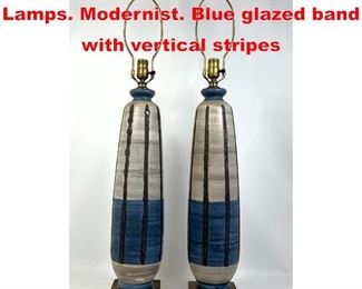 Lot 18 Pr Tall Glazed Pottery Table Lamps. Modernist. Blue glazed band with vertical stripes