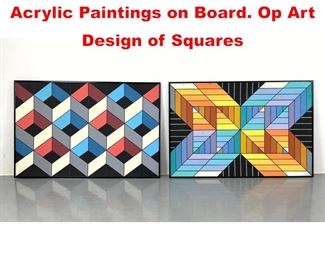 Lot 39 2pc J.H. HENIG Geometric Acrylic Paintings on Board. Op Art Design of Squares