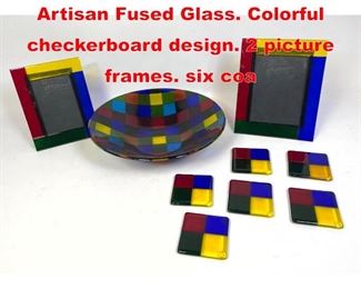 Lot 45 9pc Contemporary Studio Artisan Fused Glass. Colorful checkerboard design. 2 picture frames. six coa