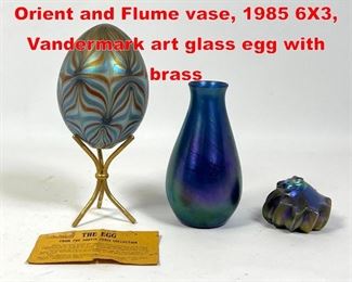 Lot 62 3pc lot iridescent art glass Orient and Flume vase, 1985 6X3, Vandermark art glass egg with brass 