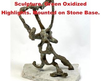 Lot 72 Brutalist Modern Metal Sculpture. Green Oxidized Highlights. Mounted on Stone Base. 