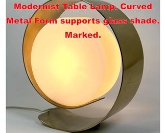 Lot 74 PIERRE CARDIN 1970 s Modernist Table Lamp. Curved Metal Form supports glass shade. Marked.