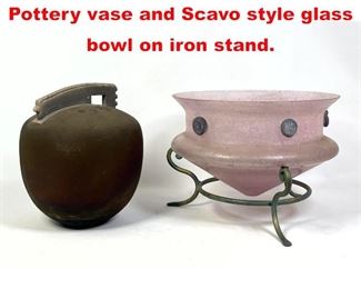 Lot 85 2pcs Craft Table Objects. Pottery vase and Scavo style glass bowl on iron stand. 