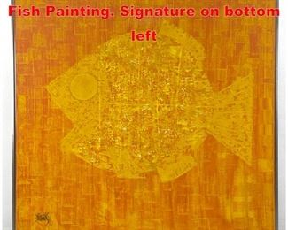 Lot 107 Mod Midcentury Stylized Fish Painting. Signature on bottom left
