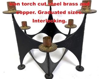 Lot 111 Pr Brutalist candle holders iron torch cut steel brass and copper. Graduated sizes. Interlocking. 