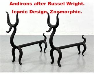 Lot 115 Pr Custom Iron Fire Deer Andirons after Russel Wright. Iconic Design. Zoomorphic.