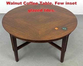 Lot 131 Round American Modern Walnut Coffee Table. Few inset glazed tiles.
