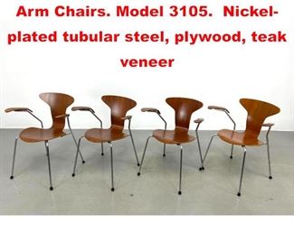 Lot 150 Set 4 Early Arne Jacobsen Arm Chairs. Model 3105. Nickelplated tubular steel, plywood, teak veneer