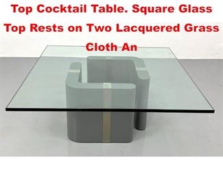 Lot 156 Karl Springer style Glass Top Cocktail Table. Square Glass Top Rests on Two Lacquered Grass Cloth An