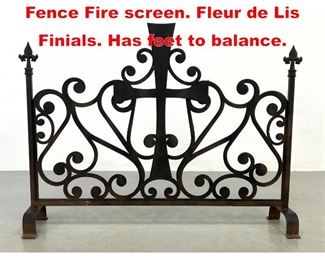 Lot 166 Decorative Iron Small Fence Fire screen. Fleur de Lis Finials. Has feet to balance. 