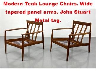 Lot 169 Pr GRETA JALK Danish Modern Teak Lounge Chairs. Wide tapered panel arms. John Stuart Metal tag. 
