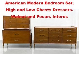 Lot 196 2pc KENT COFFEY American Modern Bedroom Set. High and Low Chests Dressers. Walnut and Pecan. Interes