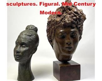 Lot 225 2pcs Bronze bust sculptures. Figural. Mid Century Modern. 