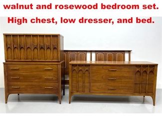 Lot 257 Kent Coffey Perspecta walnut and rosewood bedroom set. High chest, low dresser, and bed. 
