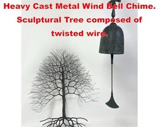 Lot 266 2pc Modernist Metal Lot. Heavy Cast Metal Wind Bell Chime. Sculptural Tree composed of twisted wire.