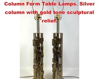 Lot 272 Mixed Metal Brutalist Column Form Table Lamps. Silver column with gold tone sculptural relief.