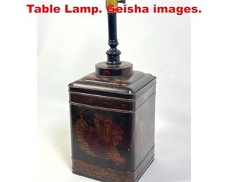 Lot 277 Asian style Tea Tin Form Table Lamp. Geisha images. 