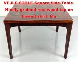 Lot 288 Danish Modern Rosewood VEJLE STOLE Square Side Table. Nicely grained rosewood top on bowed skirt. Ma