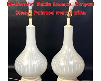 Lot 299 Pr Art Glass Bottle Form Modernist Table Lamps. Striped Glass. Painted metal trim. 