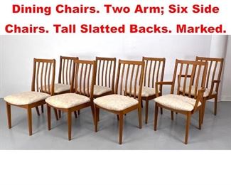 Lot 362 Set 8 Modernist Teak Dining Chairs. Two Arm Six Side Chairs. Tall Slatted Backs. Marked. 