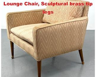 Lot 365 Mid Century Modern Arm Lounge Chair, Sculptural brass tip legs