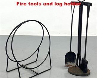 Lot 385 Mid Century Modern Iron Fire tools and log holder