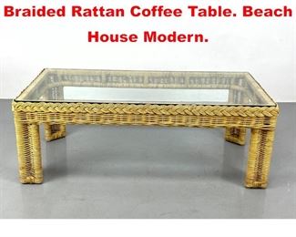 Lot 400 Glass Top Woven and Braided Rattan Coffee Table. Beach House Modern.