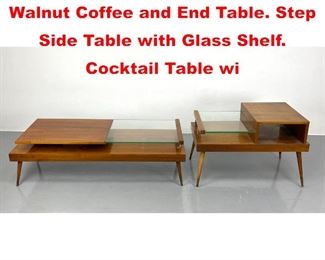 Lot 405 2pc American Modern Walnut Coffee and End Table. Step Side Table with Glass Shelf. Cocktail Table wi