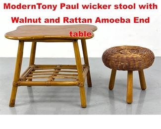 Lot 463 2pcs Mid Century ModernTony Paul wicker stool with Walnut and Rattan Amoeba End table