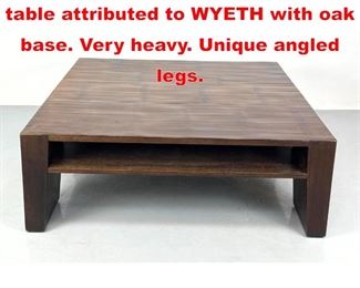 Lot 488 Large split Bamboo coffee table attributed to WYETH with oak base. Very heavy. Unique angled legs. 