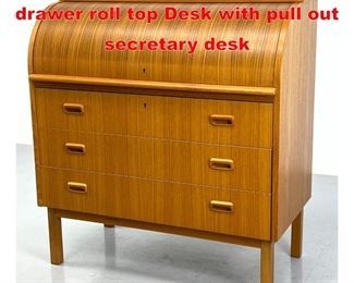 Lot 491 Danish Modern Teak three drawer roll top Desk with pull out secretary desk