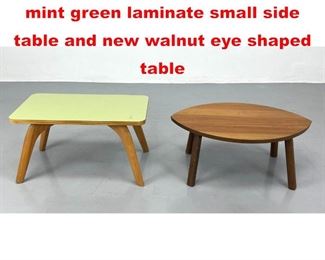 Lot 496 2 Small Tables. Vintage mint green laminate small side table and new walnut eye shaped table