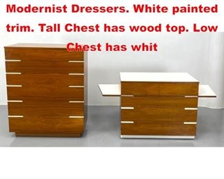 Lot 499 2pc High and Low Modernist Dressers. White painted trim. Tall Chest has wood top. Low Chest has whit